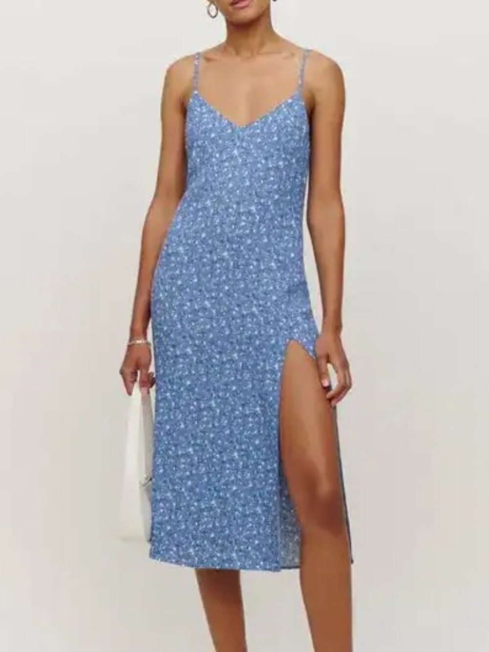Reformation Crimini Printed Side Slit Midi Dress In Eve Blue Floral US 0